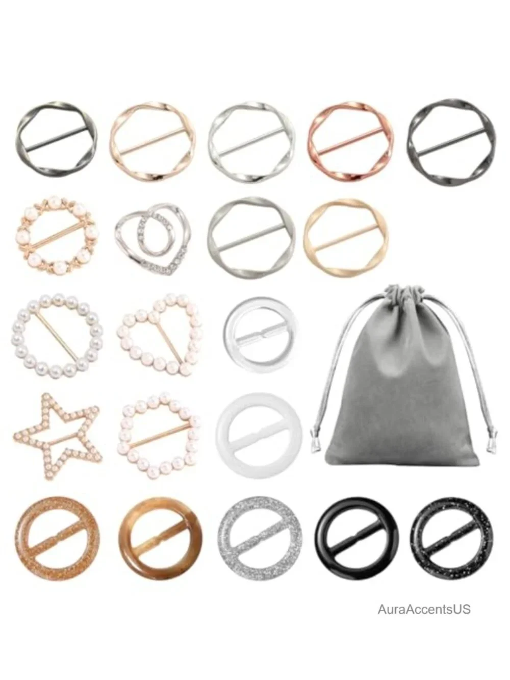 20PCS Silk Scarf Ring Clip Set for Women with Storage Bag, Shirt Cinch Clips